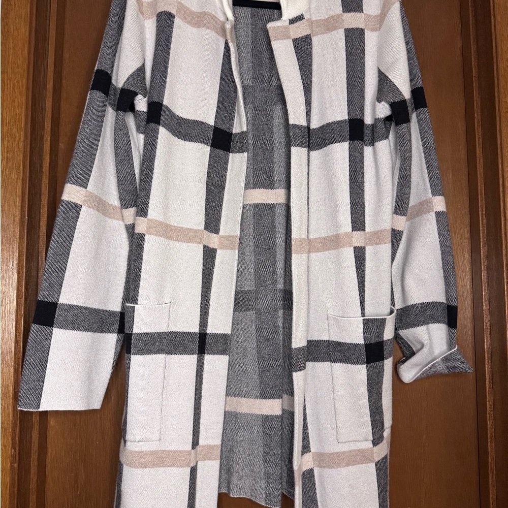Tahari Plaid Open Front Cardigan Sweater - Cream and Gray